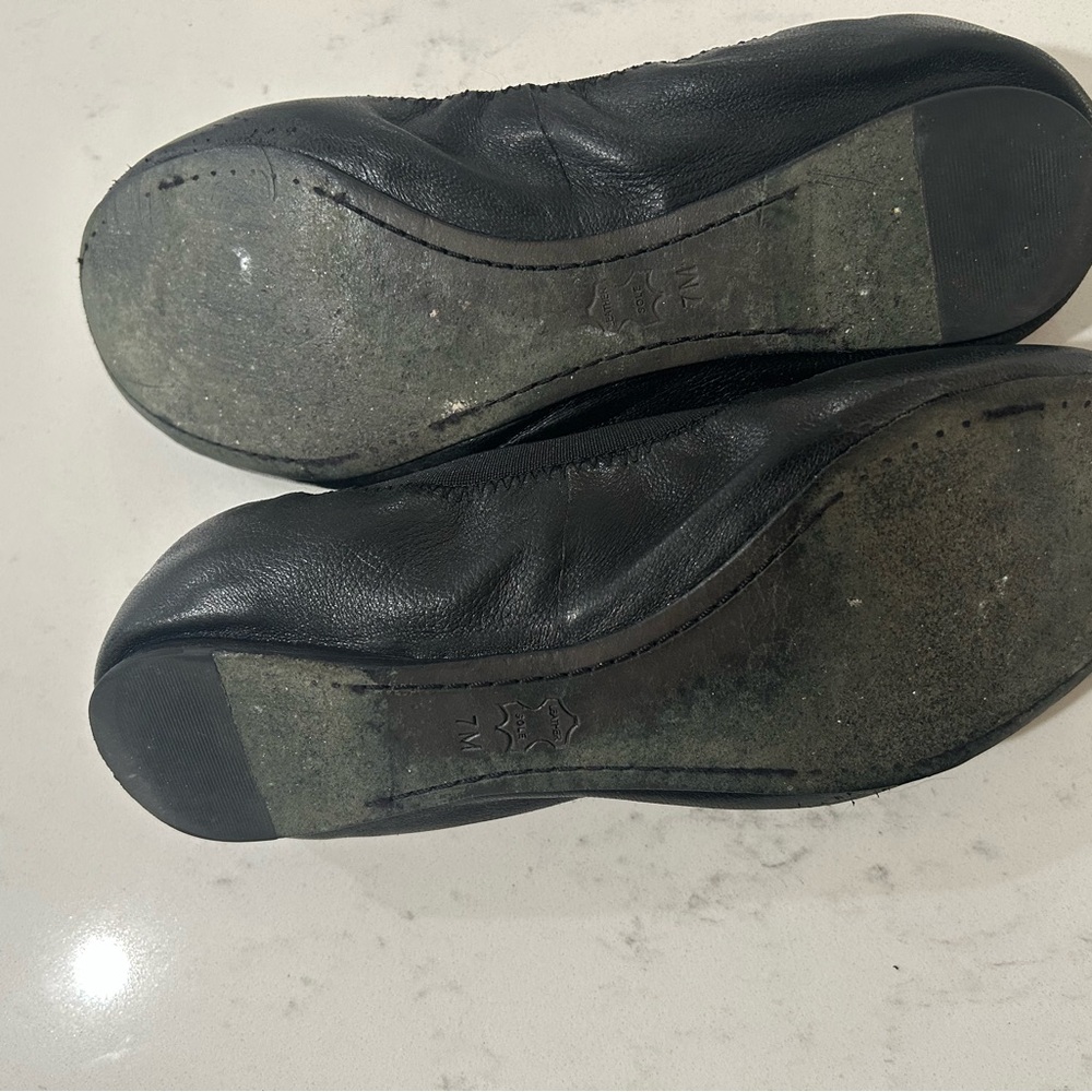 Tory Burch Black Leather Ballet Flats with Gold Logo Medallion - Picture 9 of 12